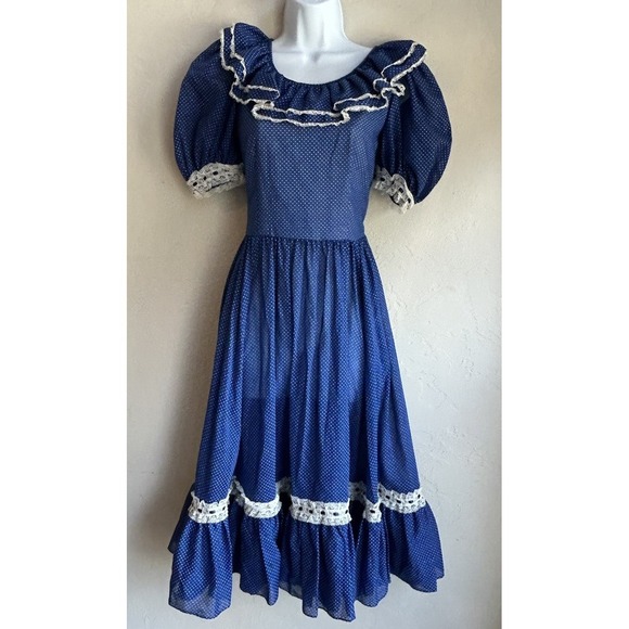 Handmade Dresses & Skirts - Vintage 1970s Handmade Prairie Dress S M Blue Polka Dot Lace Cottagecore Boho